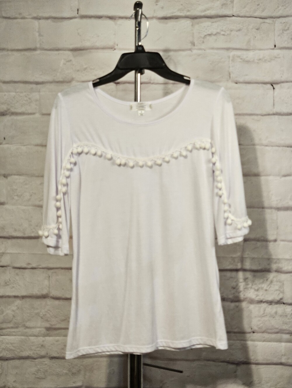 Shannon Ford New York Women’s White Pom-Pom Trim Three-Quarter Sleeve Top